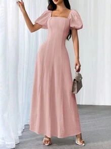 Firerie Đầm nữ cổ vuông tay ngắn màu trơn - Hồng - Xem 3