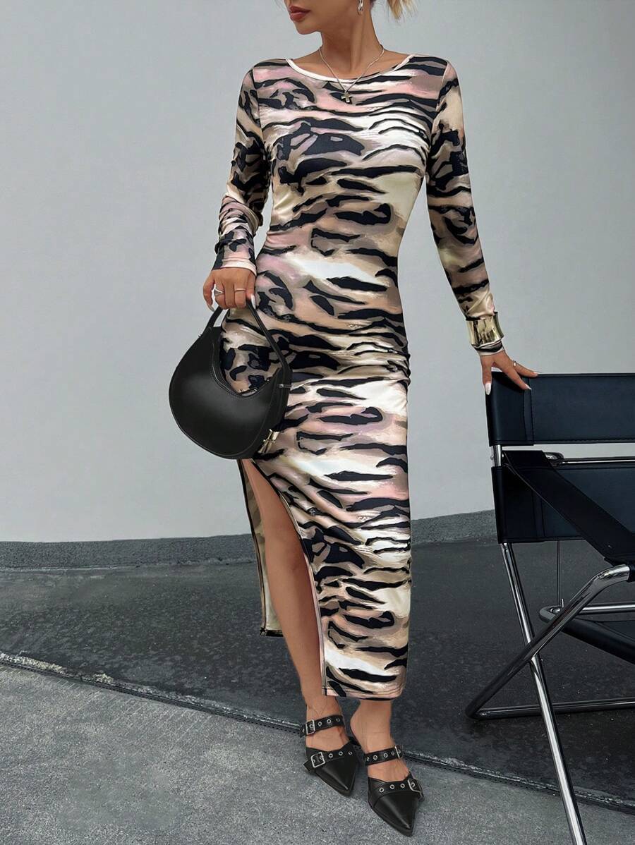 Chiquease Women's Casual Zebra Pattern Side Slit Dress