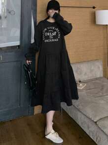 DAZY Váy dài tay in họa tiết khẩu hiệu thường ngày cho nữ, mùa thu, mùa thu dành cho nữ - màu đen - Xem 2