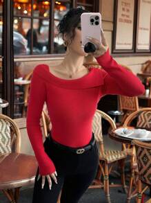 Chiquease Elegant French Style Solid Color Asymmetrical Neck Fitted Sweater, Autumn, Knit Pullover Fall Winter - Red - View 8