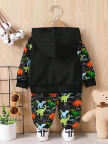 SHEIN Baby Boy Casual Losse & Zachte Comfortabele Gebreide Hoodie Sweatshirt En Broek Set Met Klassieke Dinosaurus Print, Geschikt Voor Herfst/Winter