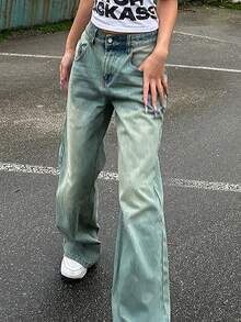 Women Retro Distressed Straight Leg Loose Fit Boyfriend Jeans - Navy Blue - View 4