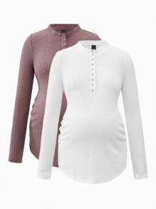 SHEIN 2 件套纯色孕妇纽扣半襟长袖休闲运动 T 恤 - 紅白色 - 查看 11