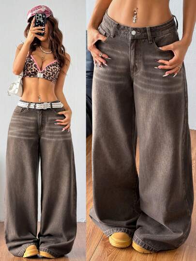 SHEIN x Ludmilla Coolane Women's Casual Loose Washed Wide Leg Jeans, Vintage, Streetwear, Western Wear Women