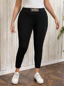 SHEIN LUNE 大码女式金属装饰弹性腰部优雅外出口袋修身长裤 - 彩色 - 查看 4