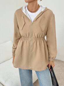 SHEIN Essnce Damen und Mutter-Kind Jacke in Khaki, lässiger Reißverschluss Kapuzenpullover aus warmem Fleece für den Outdoor-Bereich, modische lässige Kapuzenjacke mit Taillenzugband und thermisch gefüttertem Umschlagdetail zum Warmhalten, Herbst/Winter