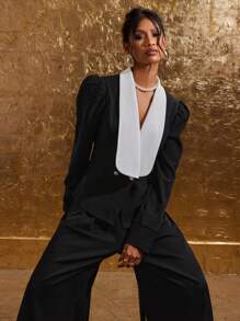 COSMINA Women's Casual Commuter Contrast Color Double-Breasted Shirt For Autumn - Black and White - View 6