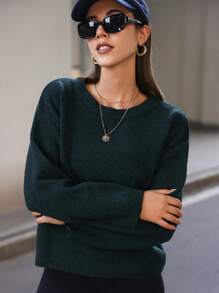 Hanevo Women Solid Color Round Neck Casual All-Match Long Sleeve Pullover Sweater Sportswear For Daily Wear Knit Pullover Fall Winter - Dark Green - View 6