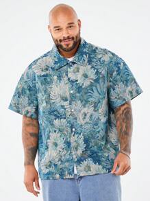 Manfinity VCAY Áo sơ mi nam tay ngắn họa tiết hoa màu xanh dệt khối màu rộng rãi, thường ngày, dành cho đi chơi - Màu xanh lam - Xem 6