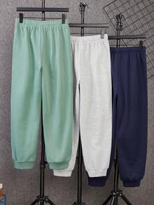 SHEIN 3 件套休闲宽松舒适运动美式字母印花针织运动裤套装，适合青少年上学、户外活动，也可作为礼物，适合秋冬季 - 藏蓝色 - 查看 2