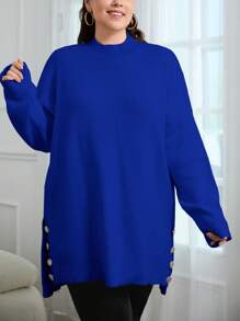 EURMUSE Plus Size Women Solid Color Drop Shoulder Mock Neck Long Sleeve Casual Sweater, Autumn/Winter