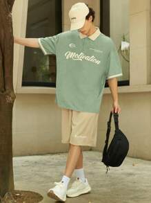 Aesthetic Post Áo thun polo cổ tròn họa tiết chữ tương phản rộng rãi cho nam - Màu xanh Bạc hà - Xem 5