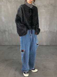 FRIFUL 女士休闲前系带宽松落肩开衫，适合秋冬季，长袖上衣 - 黑色 - 查看 2