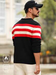 Manfinity CityGents Jersey de cuello redondo de punto casual con estampado rayado de color contrastante de manga larga para hombre - Negro - Ver 2
