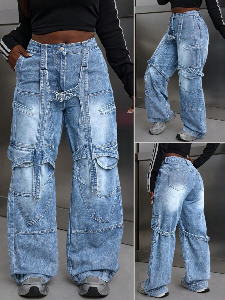 SHEIN Slayr Jeans droits décontractés à coupe ample avec boutons et plusieurs poches de couleur unie pour femmes