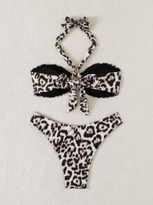 Woman's Leopard Print Halter Two-Piece Bikini Swimwear Summer - Multicolor - View 7