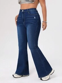 SHEIN ICON Quần jeans ống loe dáng rộng có túi dành cho nữ cỡ lớn, lót giữ nhiệt, thích hợp cho Lễ Tạ ơn và Giáng sinh. - Màu xanh lam - Xem 3