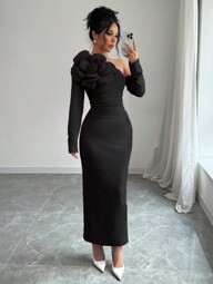 Rafferiza 1pc Women's Oblique Collar Floral Print Ruched Waist Slimming Long Sleeve Elegant Dress Maxi Women Outfit Fall Cloth For Women