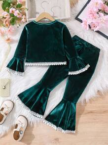 SHEIN Áo cánh tay loe nhung thanh lịch kiểu đô thị cho bé gái, có nơ và viền ren, quần ống loe, phù hợp mặc vào mùa thu/đông, mang đến vẻ ngoài thanh lịch cho bé gái - Màu xanh lá cây đậm - Xem 2