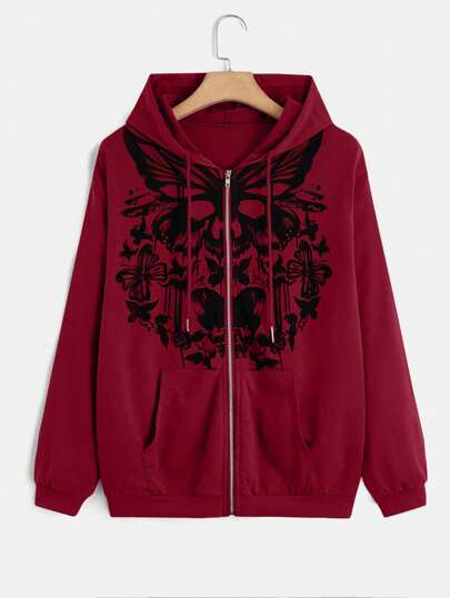 Fairycore Butterfly Print Hooded Front Zip Up Long Sleeve Sweatshirt With Pockets