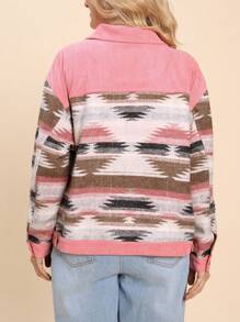 SHEIN LUNE Plus Size Geometric Pattern Patchwork Pink Shirt, Autumn/Winter Holiday - Multicolor - View 2