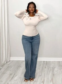 VaVaBold 1 件优雅纯色 3D 花朵装饰荷叶边下摆修身 T 恤，秋季性感长袖上衣圣诞 T 恤冬季上衣 - 卡其色 - 查看 5