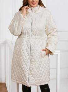 SHEIN Clasi Plus Size Women Solid Color Zip Up Casual Padded Coat, Winter