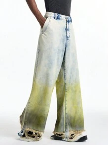 NEON BLANC 男士长款街头风格渐变编织牛仔裤，宽长款超大拼色洗水牛仔裤，适合丈夫、男朋友的礼物 - 薄荷綠 - 查看 2