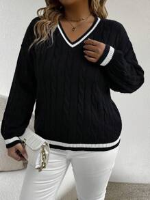 Vionelle Plus Size Women Striped V-Neck Long Sleeve Pullover Sweater, Autumn/Winter Knit Pullover Fall Outfit - Black - View 4