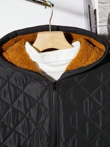 SHEIN 青少年男孩休闲立领格子加厚外套带口袋，厚实保暖日常风衣，适合秋冬季、户外和滑雪 - 黑色 - 查看 3