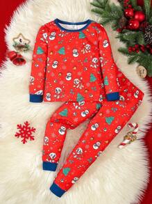 Young Girl Christmas Tree & Deer Graphic Snug Fit Long Sleeve Pajama Set