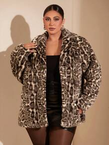 SHEIN BAE Plus Size Women Elegant Gangster Wife Luxurious Leopard Print Lapel Long Sleeve Warm Fluffy Mid-Length Coat For Autumn/Winter