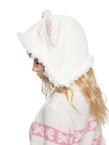 ROMWE Kawaii 1 chiếc mũ len thiết kế tai lông dễ thương có viền ren tua rua cho phụ nữ, mũ mùa đông dày ấm áp có vành tai - Nhiều màu - Xem 2