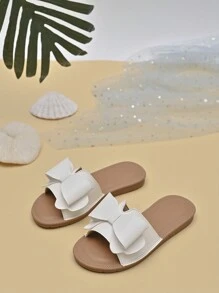 1 par de pantuflas de moda cómodas y adorables con moño para niñas, apropiadas para el verano - Beis - Ver 3