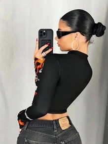 SHEIN ICON Slim Fit Motorcycle Style Flame Racing Pattern Partial Zip-Up Stand Collar Long Sleeve T-Shirt - Black - View 2