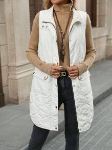 EMERY ROSE Women Winter Solid Color Zipper Collar Cargo Pocket Casual Padded Vest - White - View 3