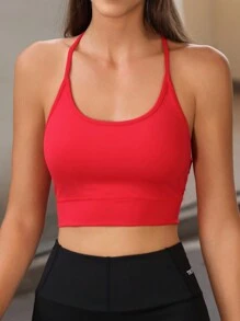 Hanevo Áo ba lỗ tập yoga bó sát màu trơn dành cho nữ với thiết kế chéo lưng - Đỏ - Xem 2