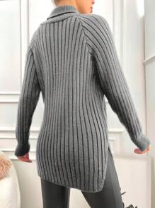 EURMUSE Women Solid Color Turtleneck Ribbed Casual Pullover Sweater - Light Grey - View 2