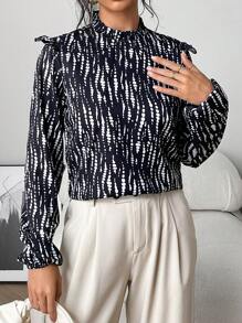 INAWLY Chemise à manches longues élégante avec col montant et imprimé tout-sur-pour femme - Noir et Blanc - Voir 7