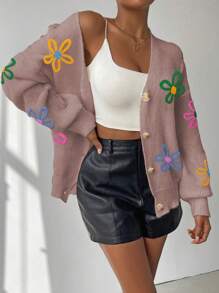 SHEIN LUNE Women Casual Floral Pattern Front Button Cardigan, Suitable For Autumn And Winter - Khaki - View 6