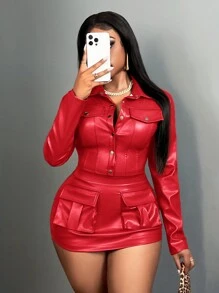 Slaydiva 2pcs Women PU Leather Solid Color Single-Breasted Jacket And Cargo Pocket A-Line Midi Skirt Set