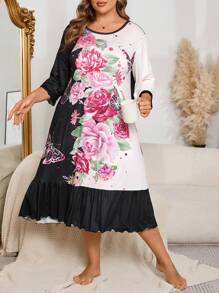 Plus Size Butterfly & Floral Contrast Color Block Ruffle Hem Nightgown - Multicolor - View 4
