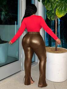 Slaydiva Quần da đen bó sát thanh lịch gợi cảm cỡ lớn xẻ tà buộc dây, mùa thu/đông - màu nâu - Xem 2