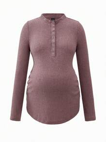 SHEIN 2 件套纯色孕妇纽扣半襟长袖休闲运动 T 恤 - 紅白色 - 查看 9