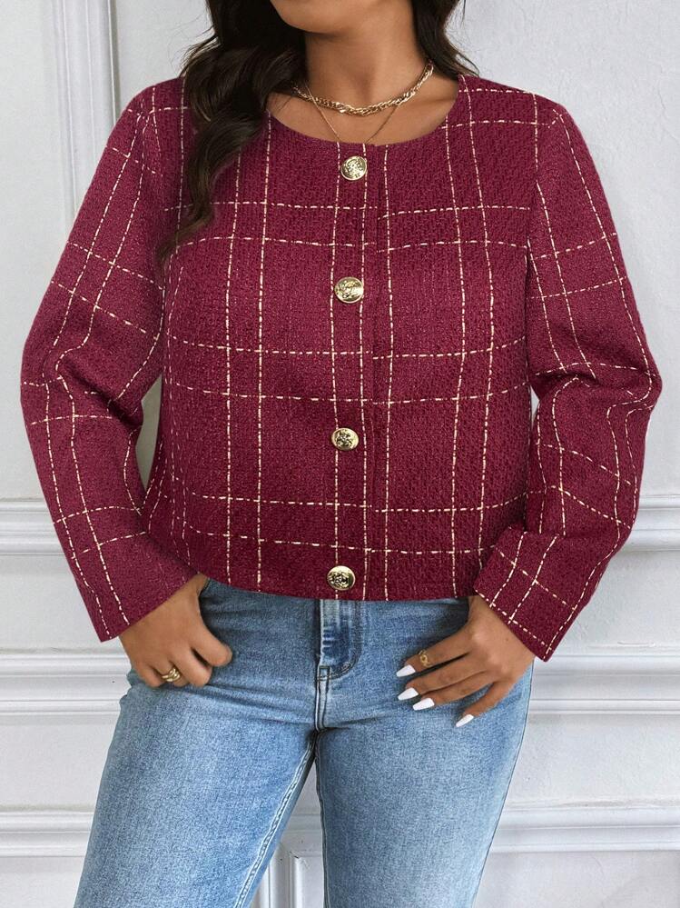 Flirla Abrigo de manga larga con botones y estampado de cuadros, elegante, para tallas grandes - Rojo - Añade 5