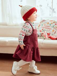Cozy Pixies Baby Girl 2pcs Christmas Print Round Neck Long Sleeve Top And Bib Dress Set, Winter Clothes - Multicolor - View 6