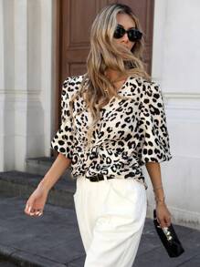 INAWLY Blusa con mangas de linterna de giro con estampado de leopardo de moda para mujer, otoño