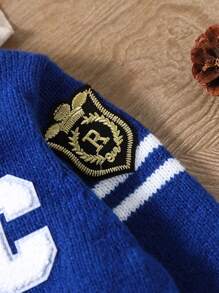 SHEIN Young Boy V-Neck Cable Cable & Letter Applique Button Front Long Sleeve Cardigan - Royal Blue - View 3