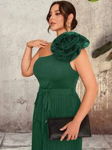 Celure 大码女式优雅纯色褶皱花卉装饰不对称肩带环连体裤，时尚设计