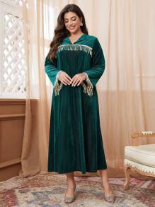 Al Najma Đầm dài Ả Rập trang trí sequin thanh lịch cho nữ cỡ lớn - Màu xanh lá cây đậm - Xem 3